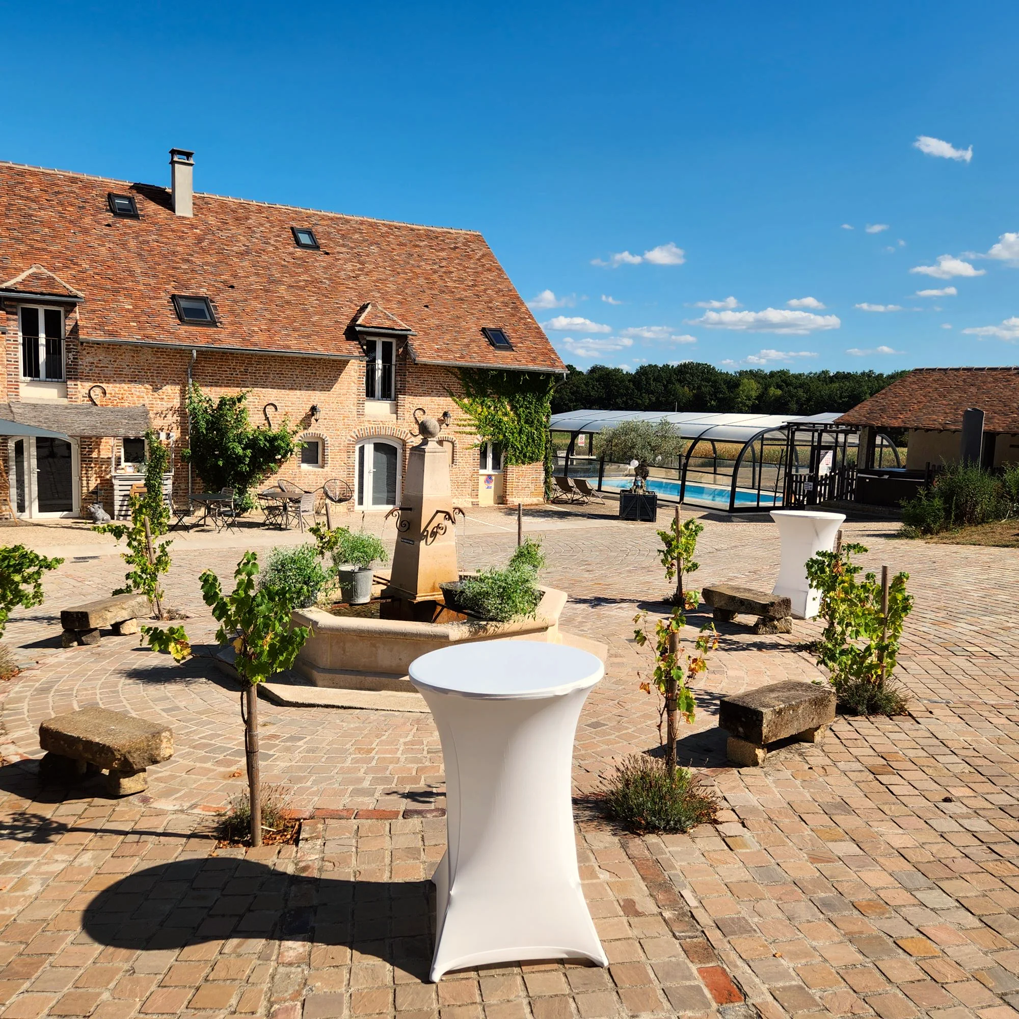 La cour, la fontaine, les maisons et la piscine couverte