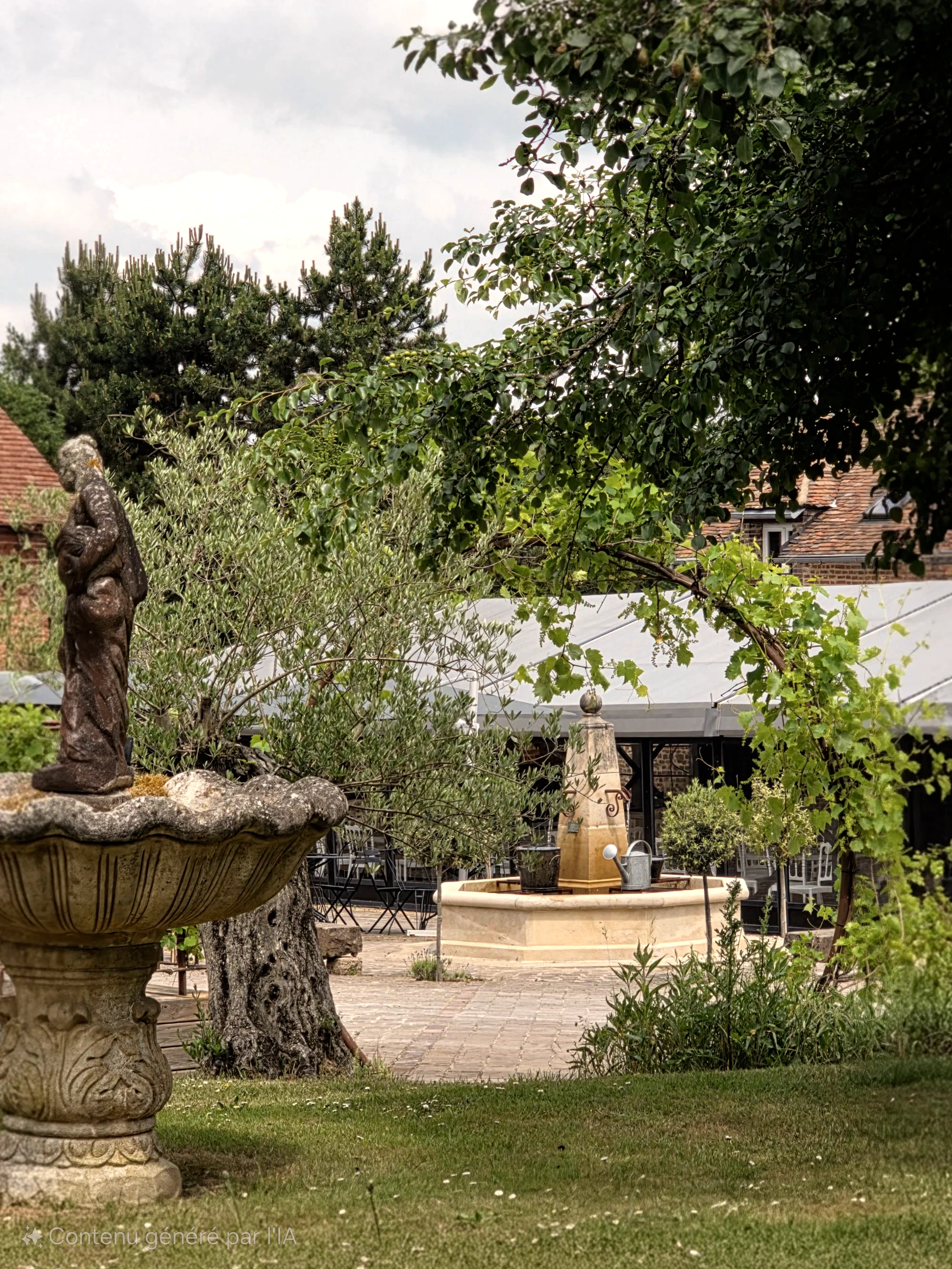 Une statue sur une vasque dans le jardin, la cour et la fontaine au fond